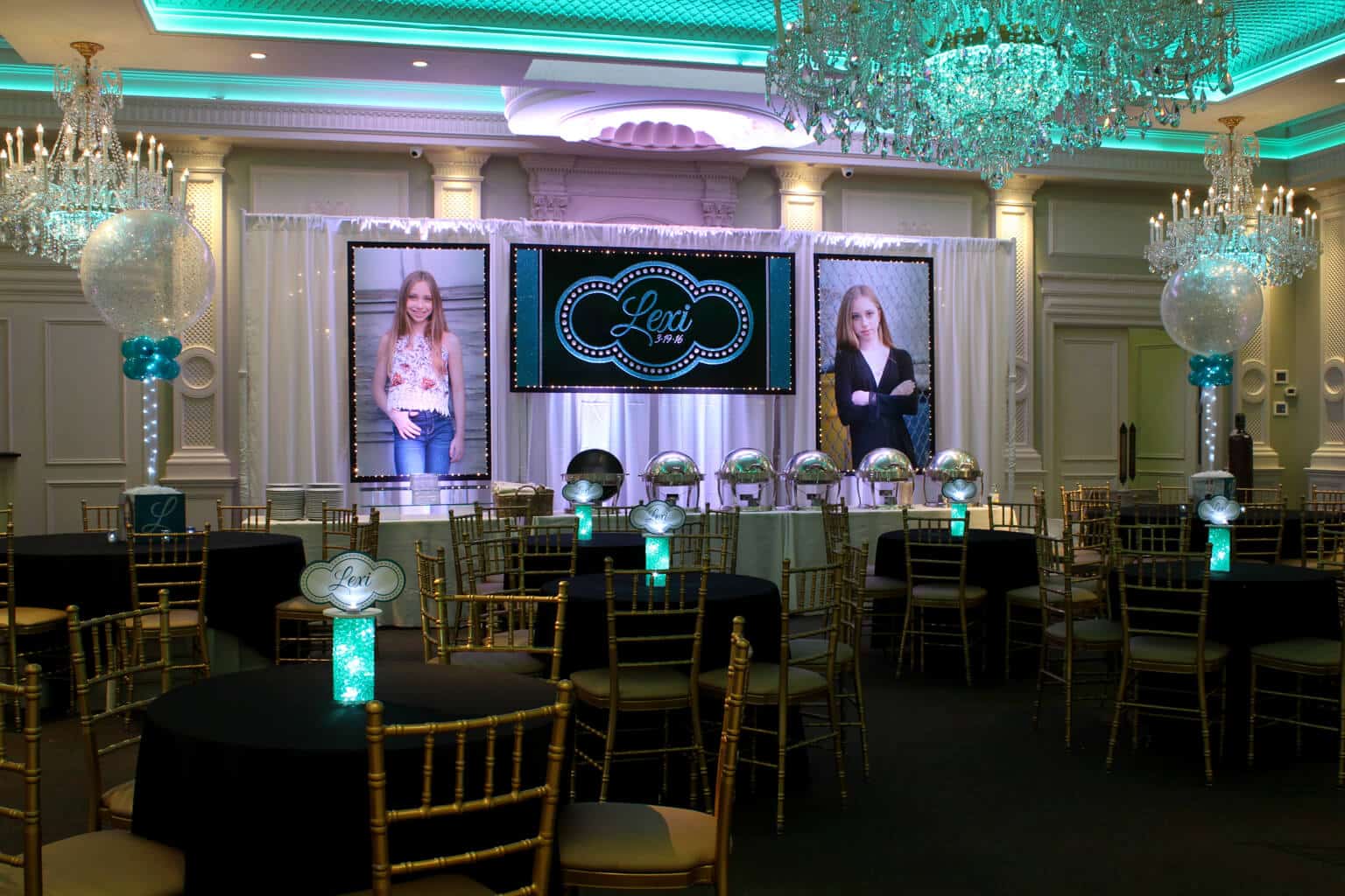 Club Themed Bat Mitzvah with Custom LED Backdrop, Blowup Photos and Logo Centerpieces at The Rockleigh