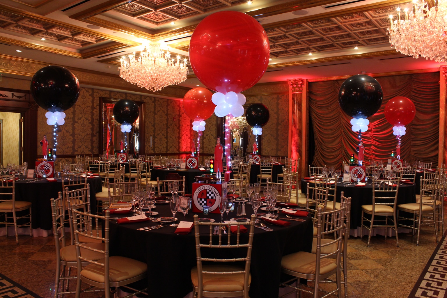 Car Themed Bar Mitzvah with Alternating Red and Black Balloons at Seasons Caterers
