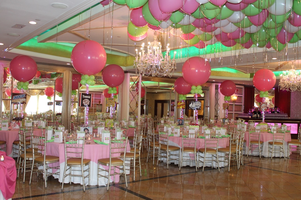Candy Themed Bat Mitzvah with Themed Centerpieces, Large Pink and Lime Ceiling Balloons at Seasons Caterering