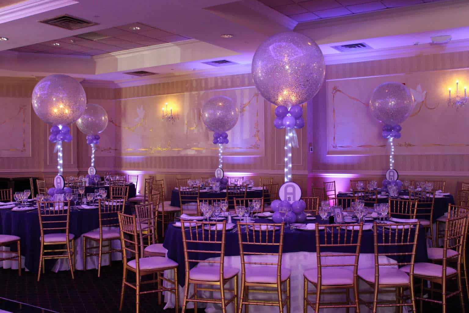 Lavender and Purple Bat Mitzvah with Sparkle Balloon Centerpieces at the Wilshire Grand
