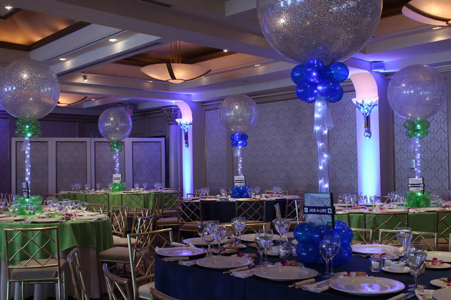 Ski Themed Bar Mitzvah with Royal and Lime Sparkle Balloon Centerpieces and Ski Trail Signs at Glen Island Harbour Club