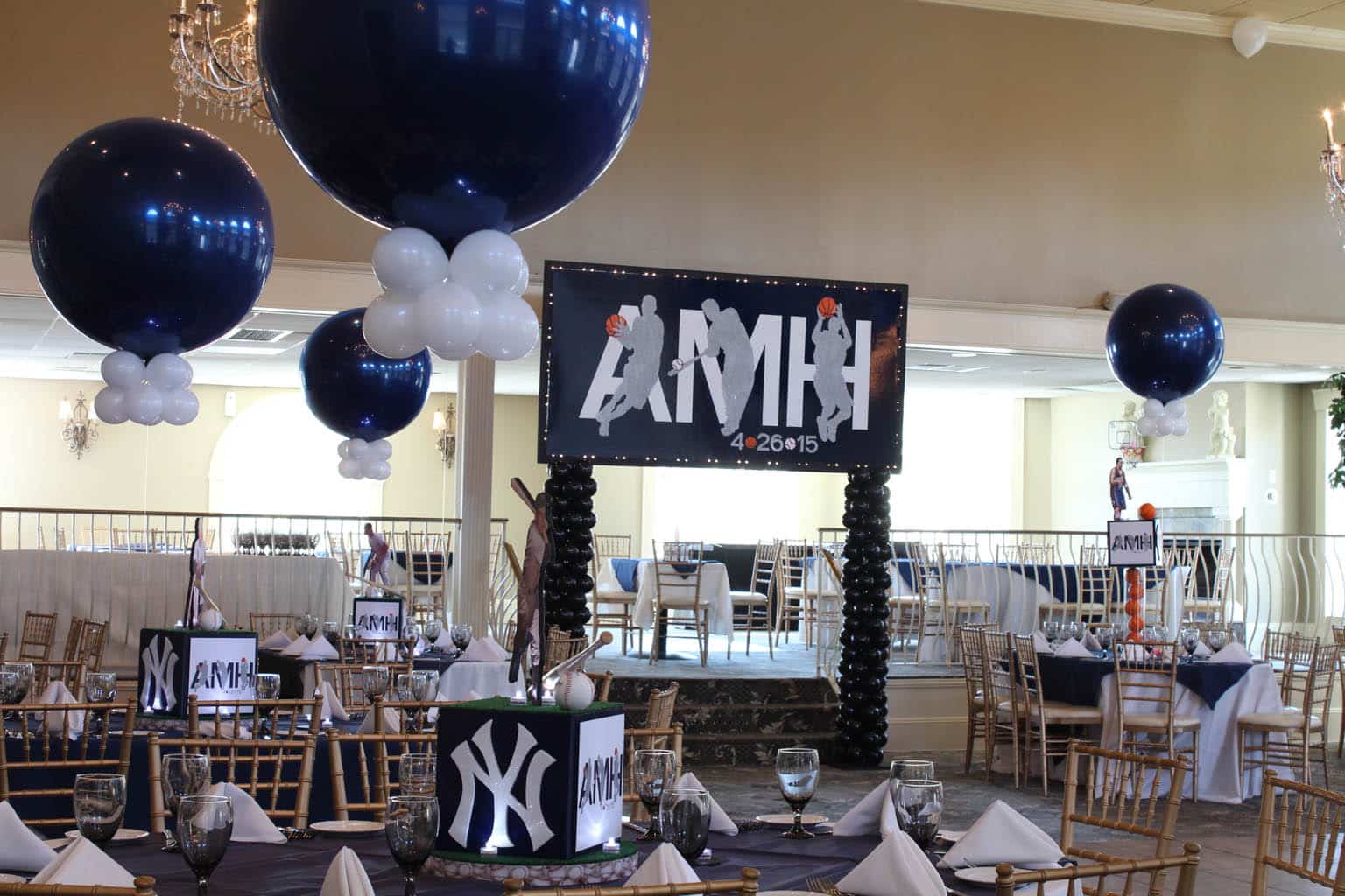Basketball and Baseball Themed Bar Mitzvah with Custom Logo Backdrop, Alternating Centerpieces and 36" Navy and White Balloons at Portobello