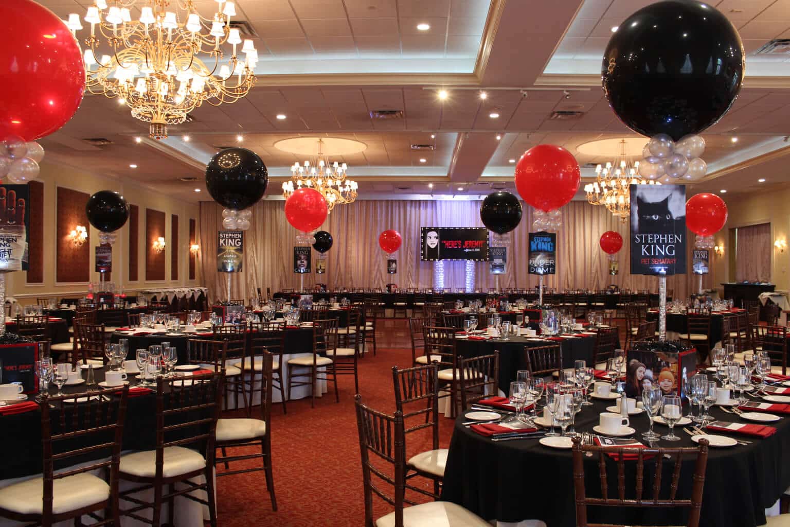 Horror Book Themed Bar Mitzvah with Custom Centerpieces and Alternating Red and Black Balloons at The Grandview