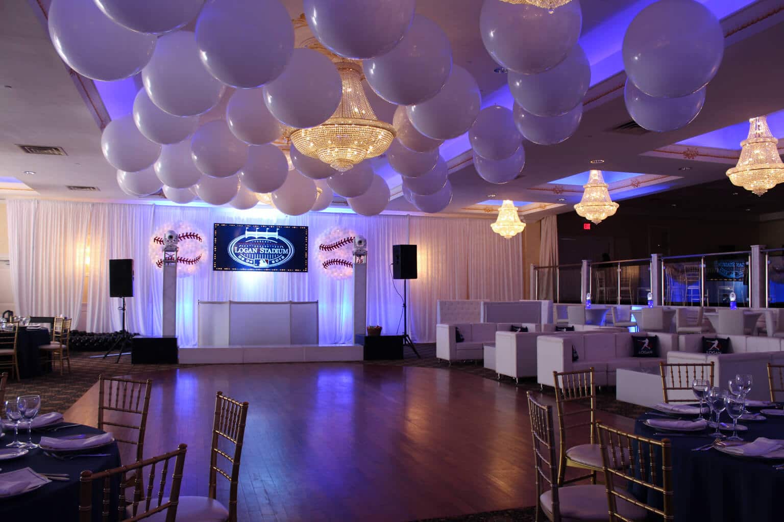 Baseball Themed Bar Mitzvah with 36" White Balloon on Ceiling, Custom Logo Backdrop and Baseball Balloon Sculptures at The Wilshire Grand