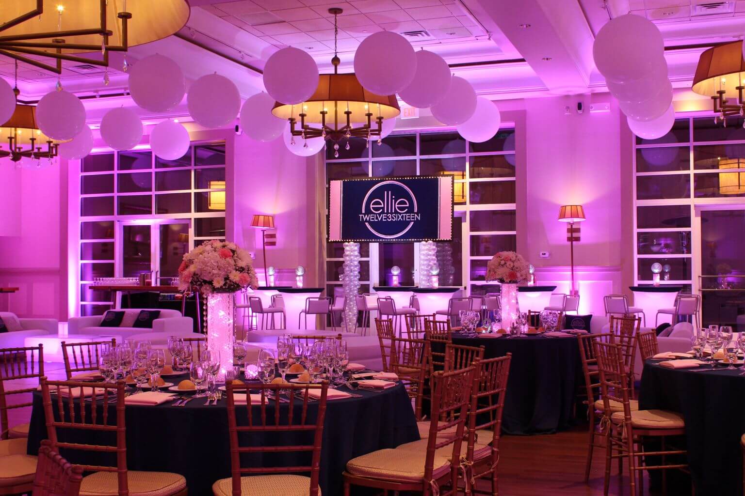 Club Themed Bat Mitzvah with Pink LED Lighting, White Balloons on Ceiling, Custom Lounge Setup and Logo Backdrop at Stone House at Stirling Ridge