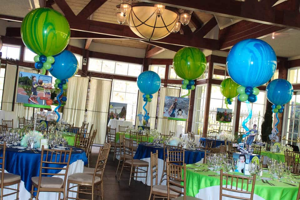 Central Park Themed Bar Mitzvah with Blue and Lime Marble Balloons at The Boathouse, Central Park