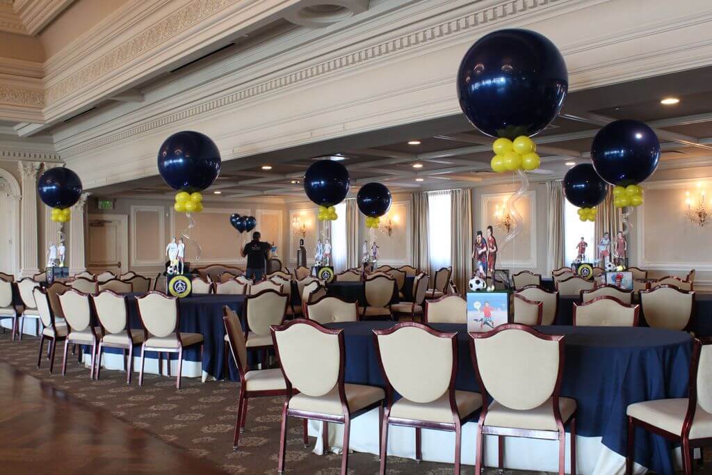 Soccer Themed Bar Mitzvah with Custom Cube Centerpiece and Navy and Yellow Balloons at the Park Savoy