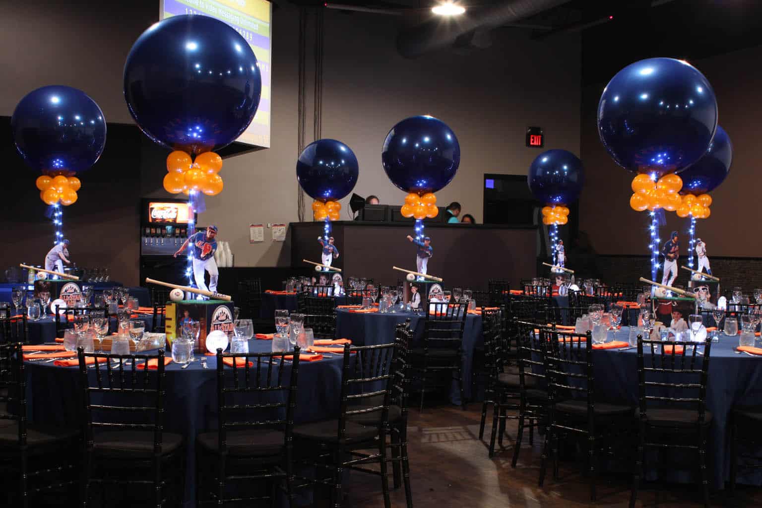 Mets Themed Bar Mitzvah with Photo Cube Centerpieces and Navy and Orange Balloons at Vibe