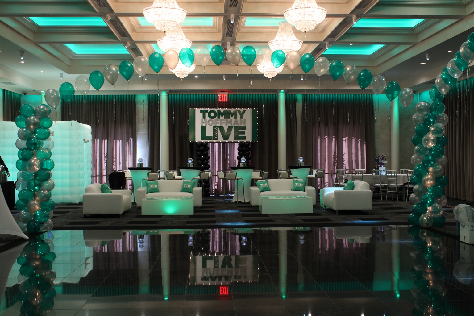 SNL Themed Bar Mitzvah with Custom Lounge, Balloon Gazebo and Balloon Centerpieces at Mulino's at Lake Isle