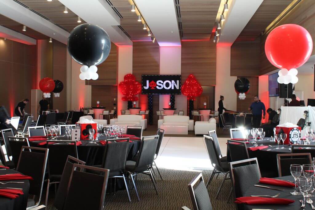 Casino Themed Bar Mitzvah with Custom Logo Backdrop, Club and Spade Balloon Sculpture and Custom Centerpieces at Westchester Reform Temple