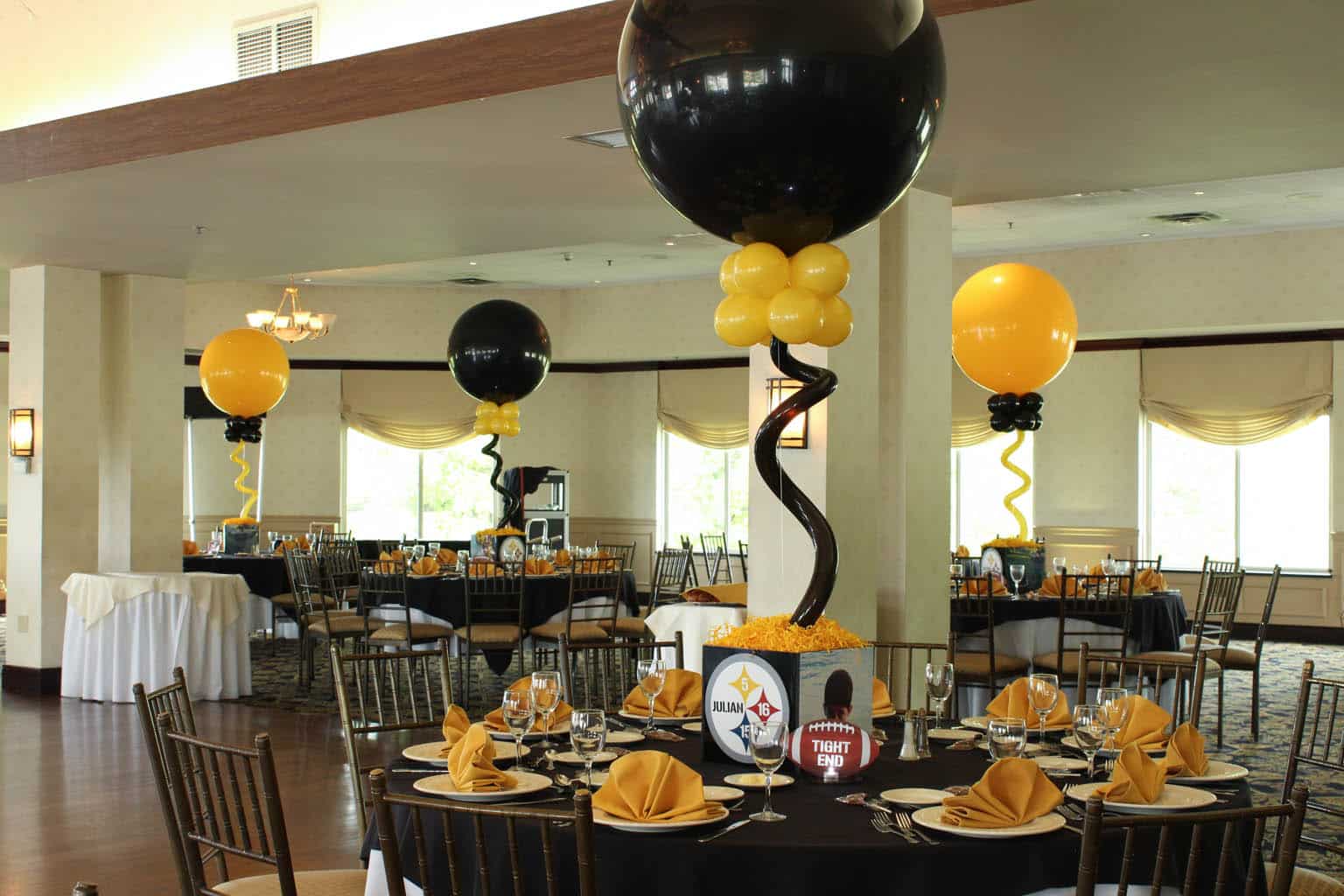 Steelers Themed Bar Mitzvah with Photo Cube Centerpieces, Custom Table Signs and Alternating Black and Yellow Balloons at Patriot Hills