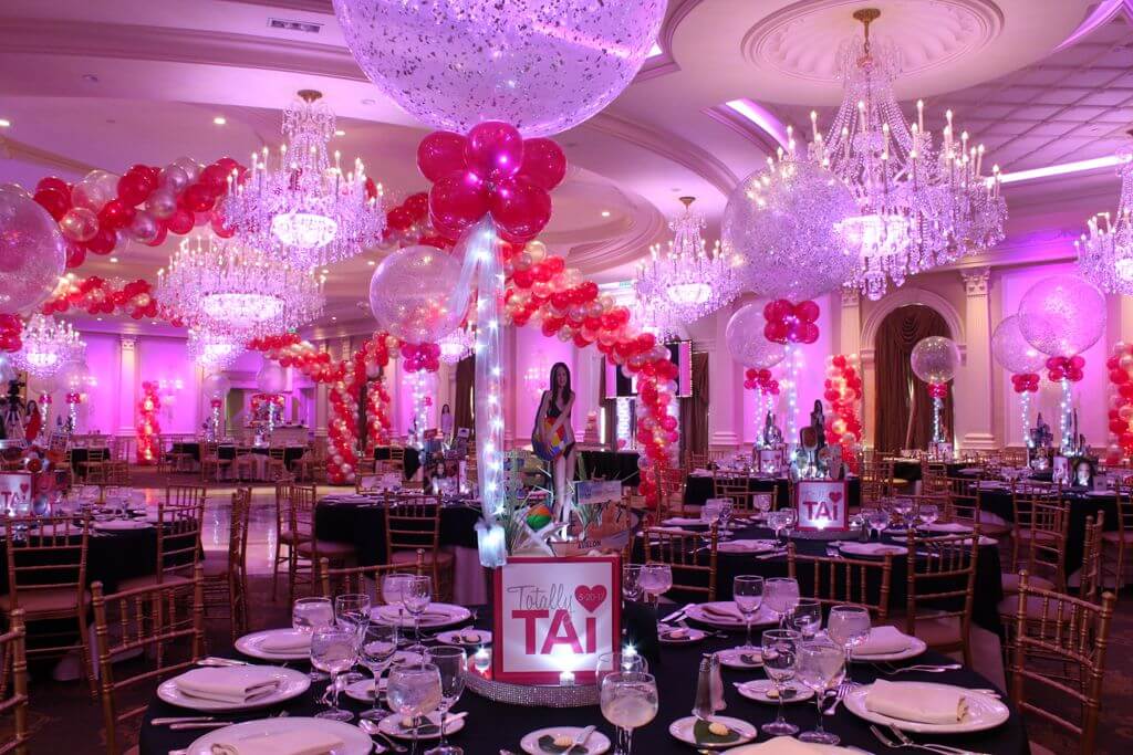 Pink Bat Mitzvah with Balloon Wrap around Dance Floor & Sparkle Balloon Centerpieces at The Rockleigh