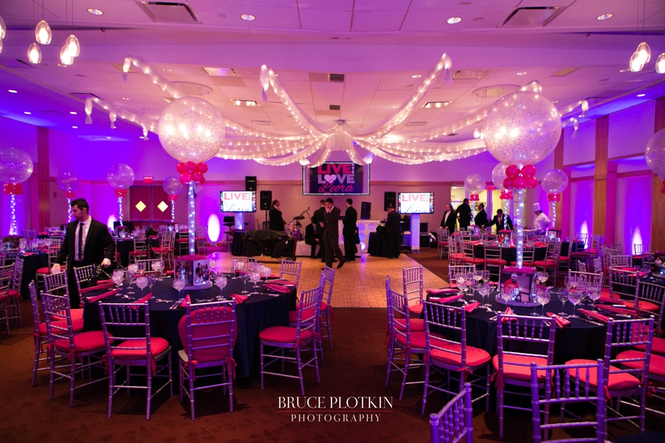 Hot Pink, Silver and Navy Bat Mitzvah with Sparkle Balloons and Ceiling Draping at Temple Bet Torah, Mt. Kisco