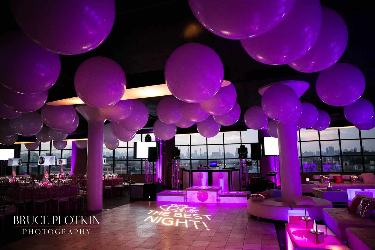 Club Themed Bat Mitzvah with White Balloons on Ceiling and Custom Lampshade Centerpieces