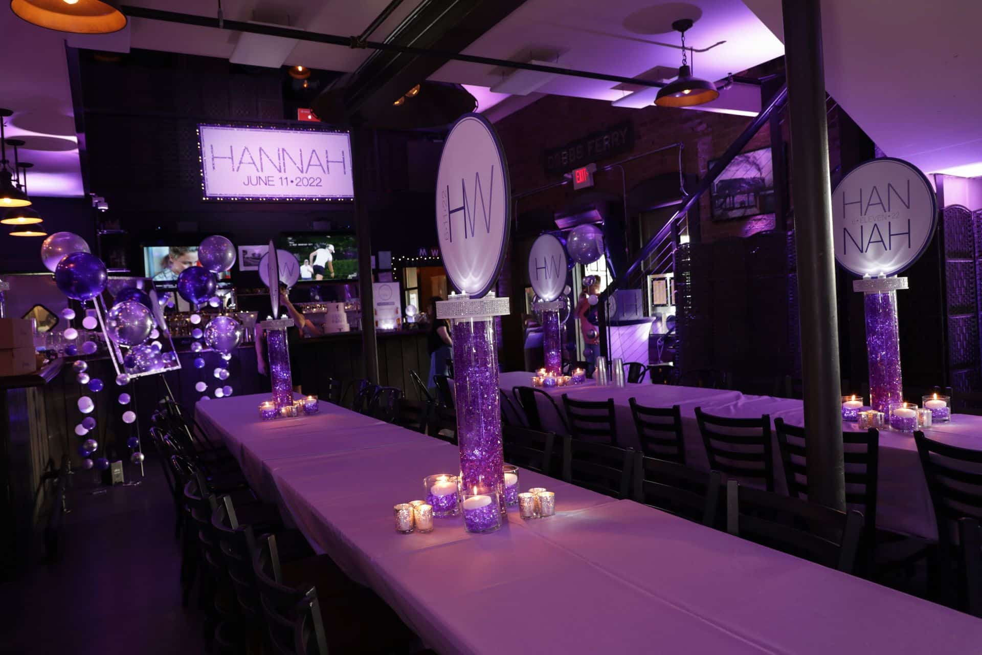 Purple and Lavender Bat Mitzvah with Custom Logo Centerpieces, Glittered Backdrop and LED Lighting at Hudson Social