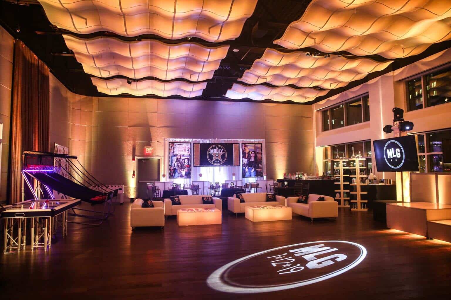 Hollywood Themed Bat Mitzvah with LED Lounge, Custom Backdrop and Gold Uplighting at Current, NYC