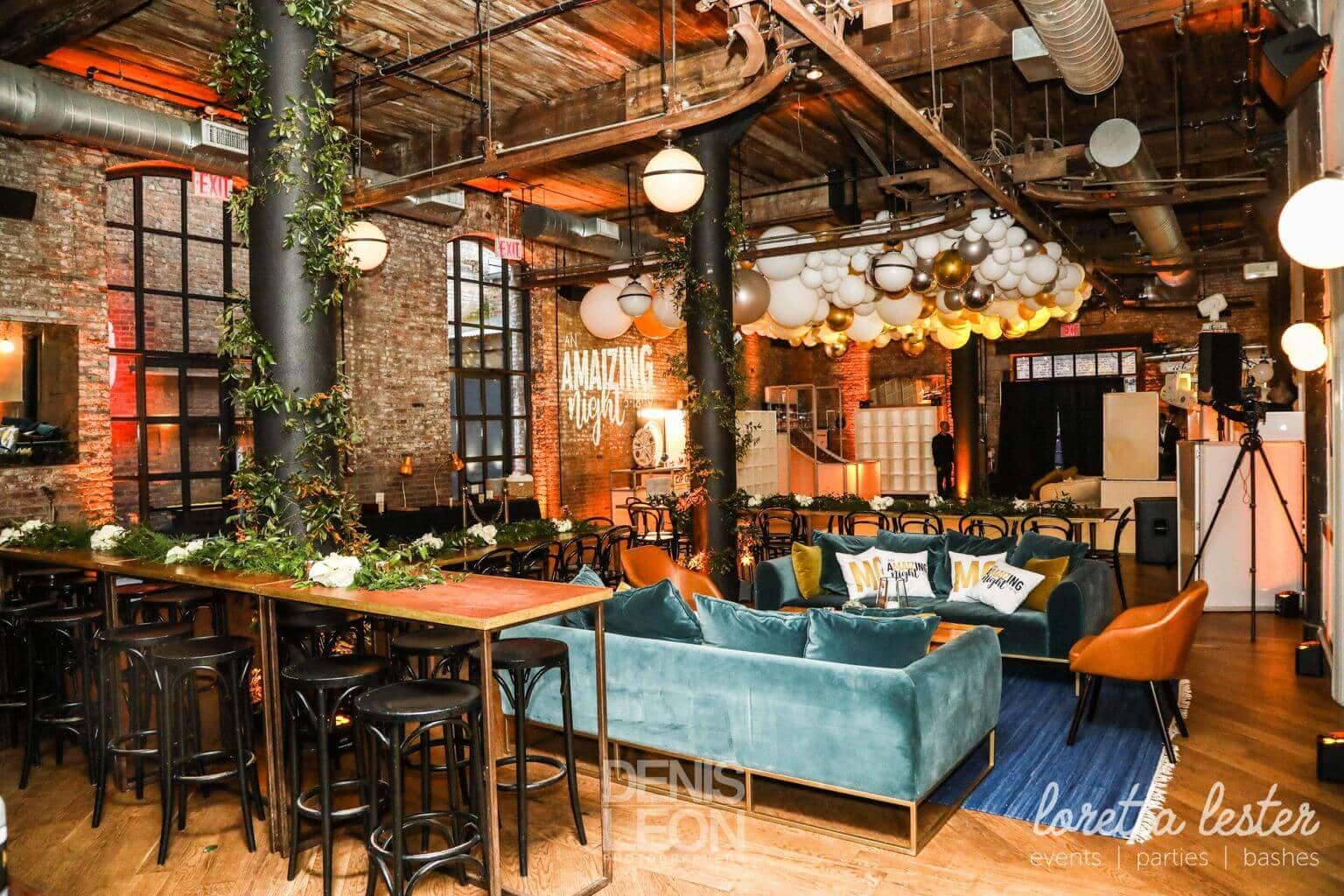 Gold and Silver Bat Mitzvah with Organic Balloon Sculpture over Dance Floor at The Wythe Hotel, Brooklyn