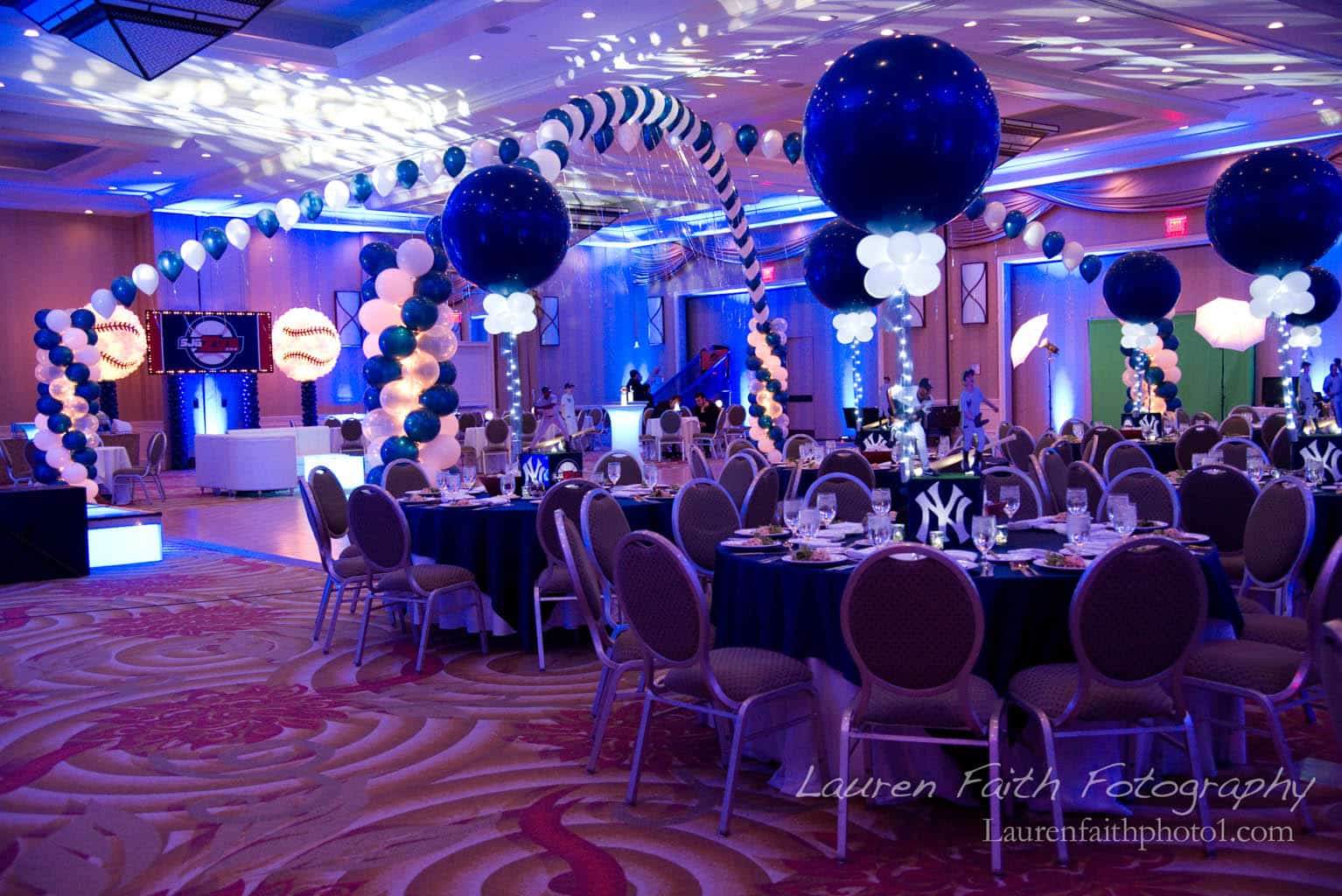 Yankees Themed Bar Mitzvah with Balloon Gazebo over Dance Floor and Baseball Balloon Sculptures at The Doubletree Tarrytown