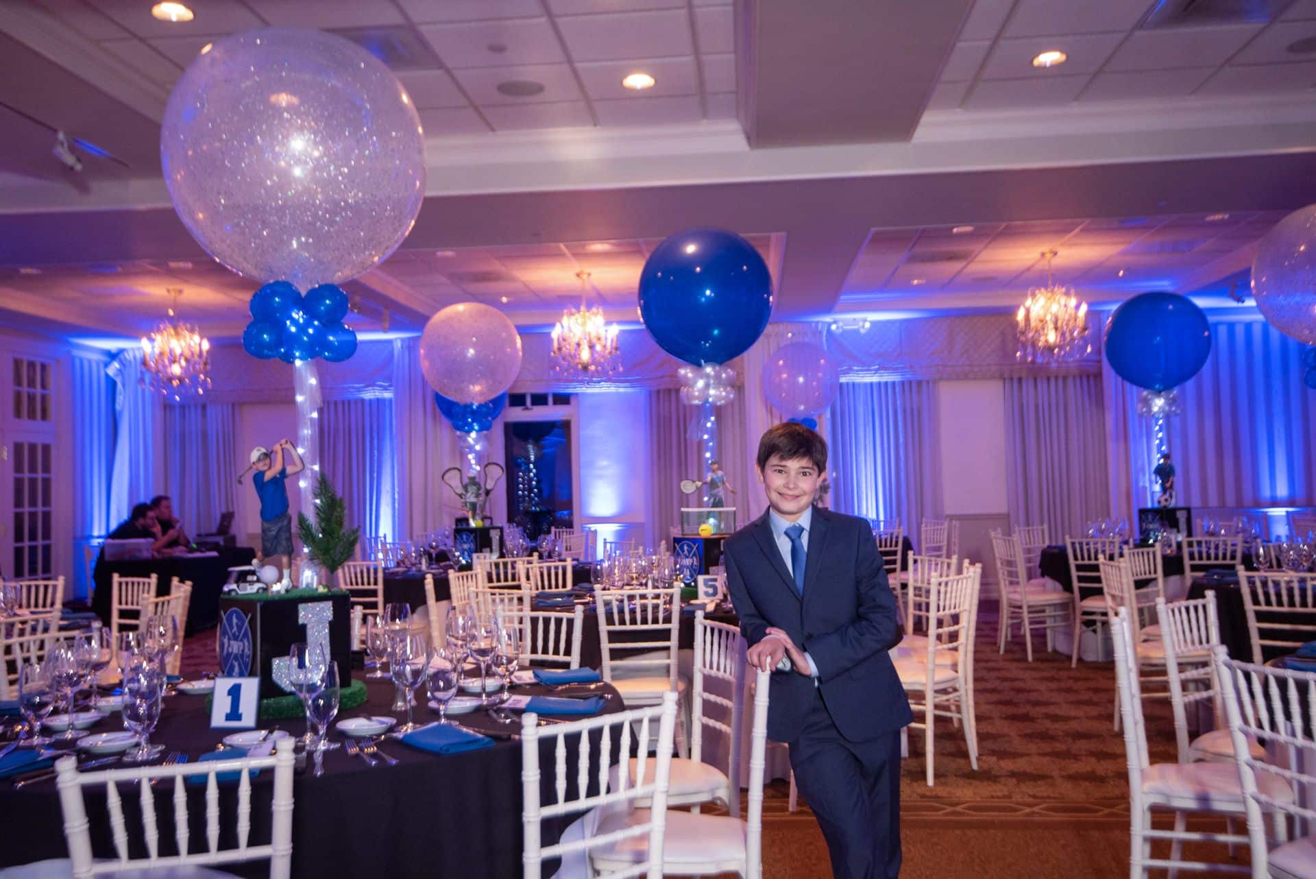 Sports Themed Bar Mitzvah with Custom Centerpieces and LED Balloons at Preakness Hills CC