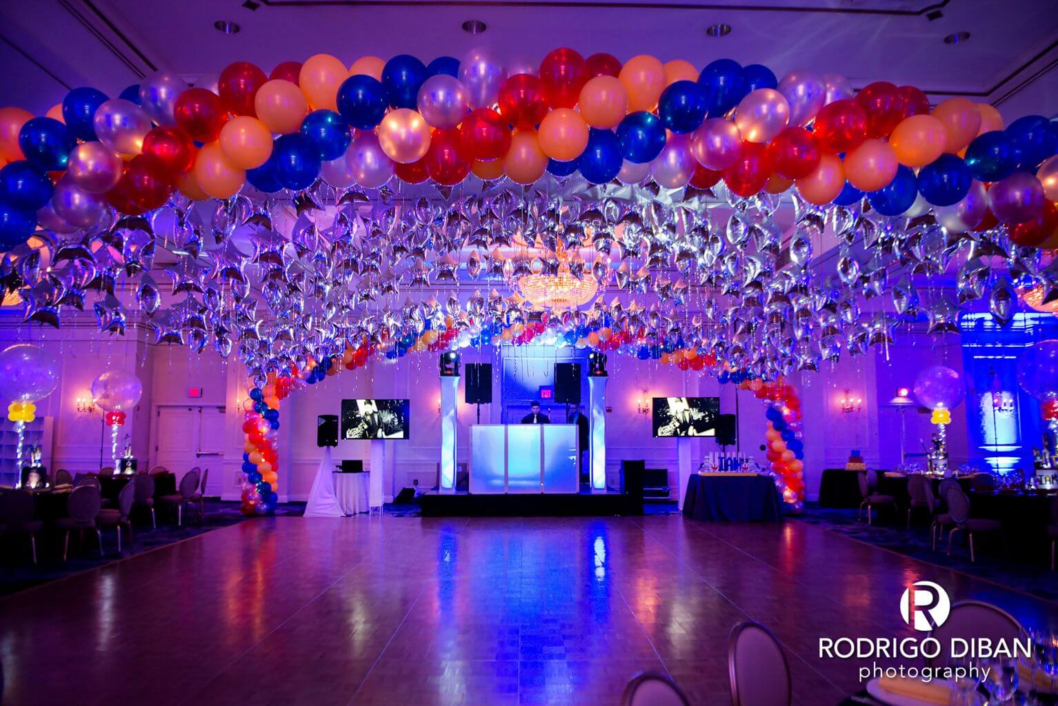 Lego Themed Bar Mitzvah with Balloon Canopy Wrap over Dance Floor at Pearl River Hilton