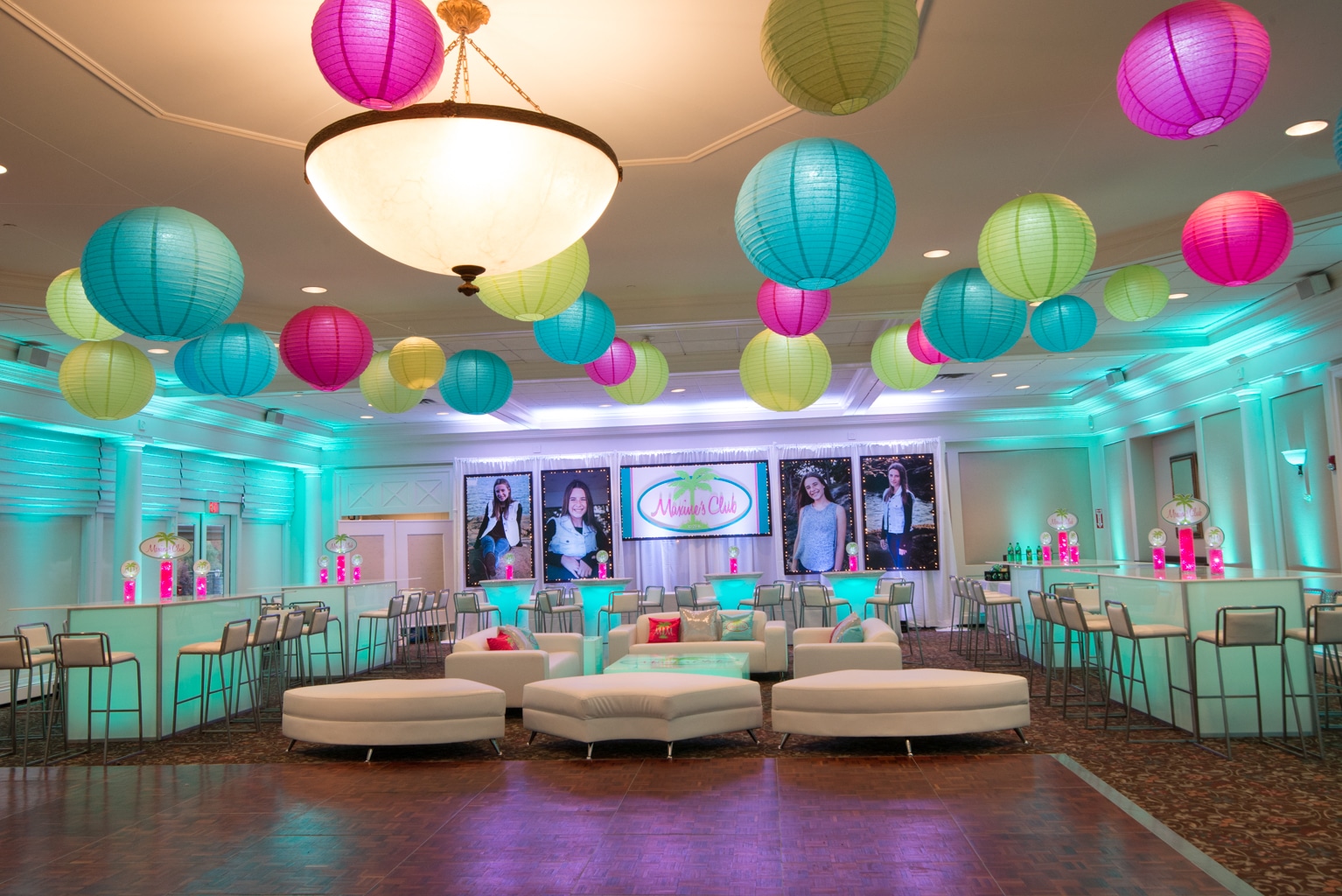 Beach Themed Bat Mitzvah with Custom LED Lounge Setup, Logo and Photo Backdrop and LED Lanterns on Ceiling at Hampshire Country Club