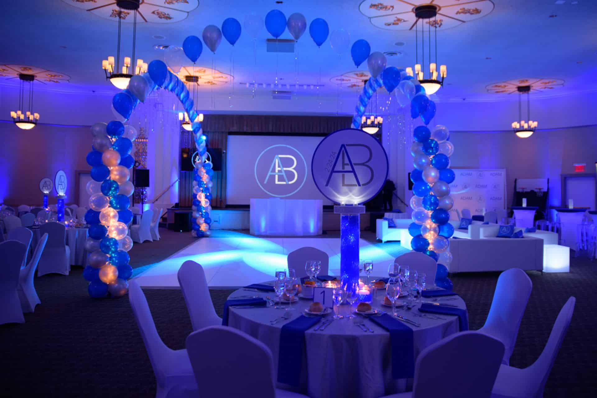 Blue Themed Bar Mitzvah with Balloon Gazebo and LED Logo Centerpieces at Rodeph Sholom