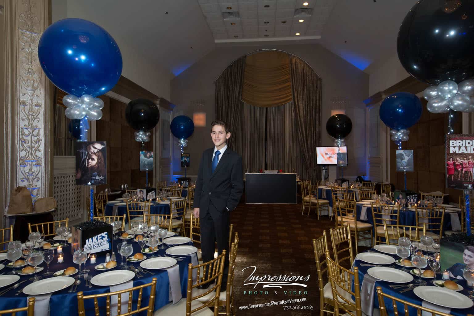 Movie Themed Bar Mitzvah with Alternating Black and Blue Balloons at Maplewood Country Club