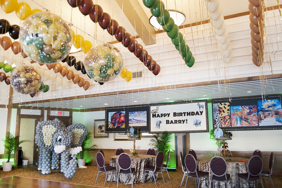 Safari Jungle Themed Birthday Party with Elephant Balloon Sculpture and Exploding Balloon Release