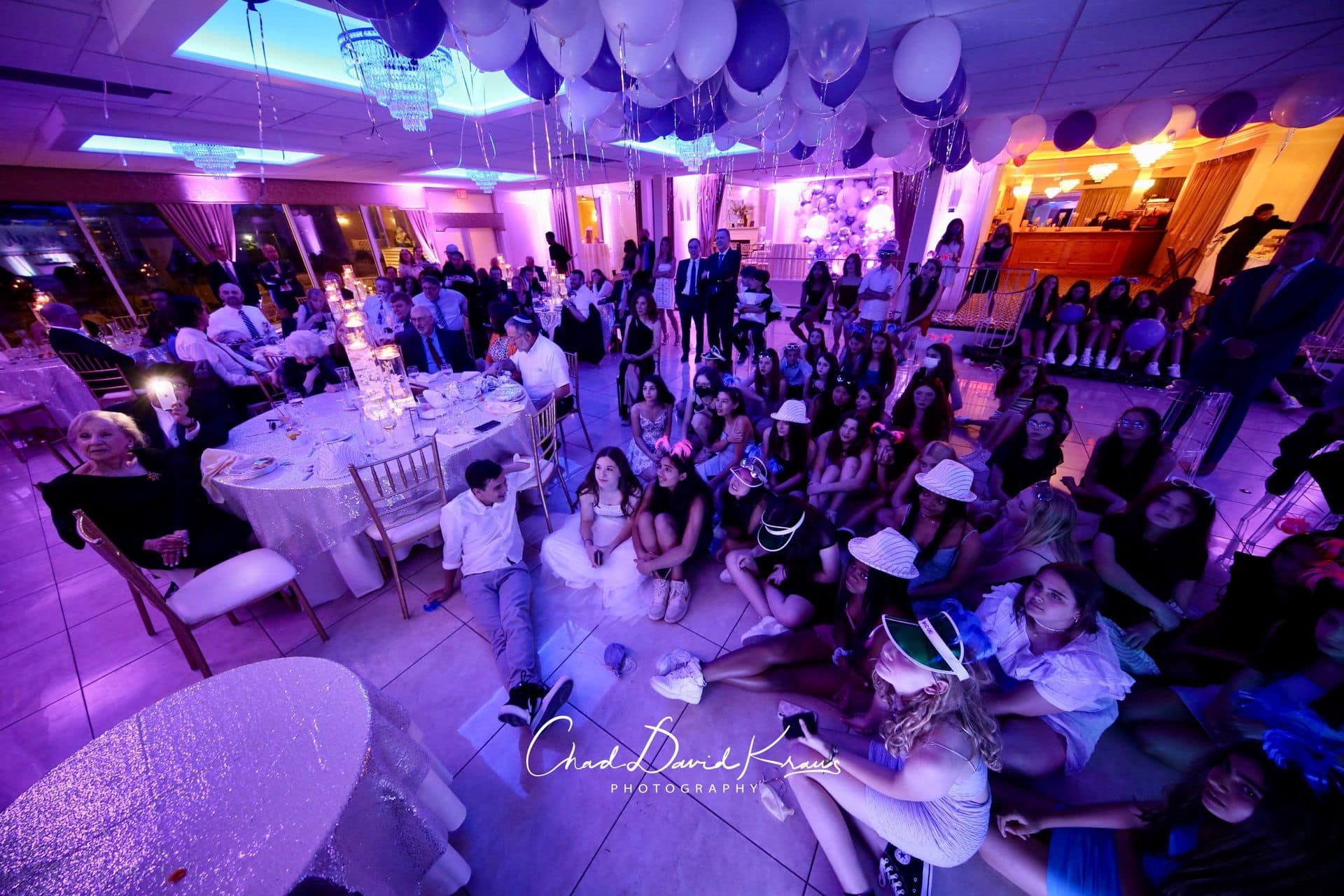 Hollywood Themed Bat Mitzvah with Lavender Lighting and Ceiling Balloons at Davenport Mansion