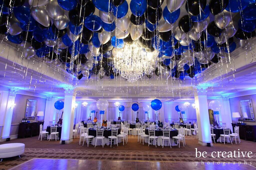 Music Themed Bar Mitzvah with Guitar Centerpieces and Loose Balloons on Ceiling at Preakness Hills Country Club