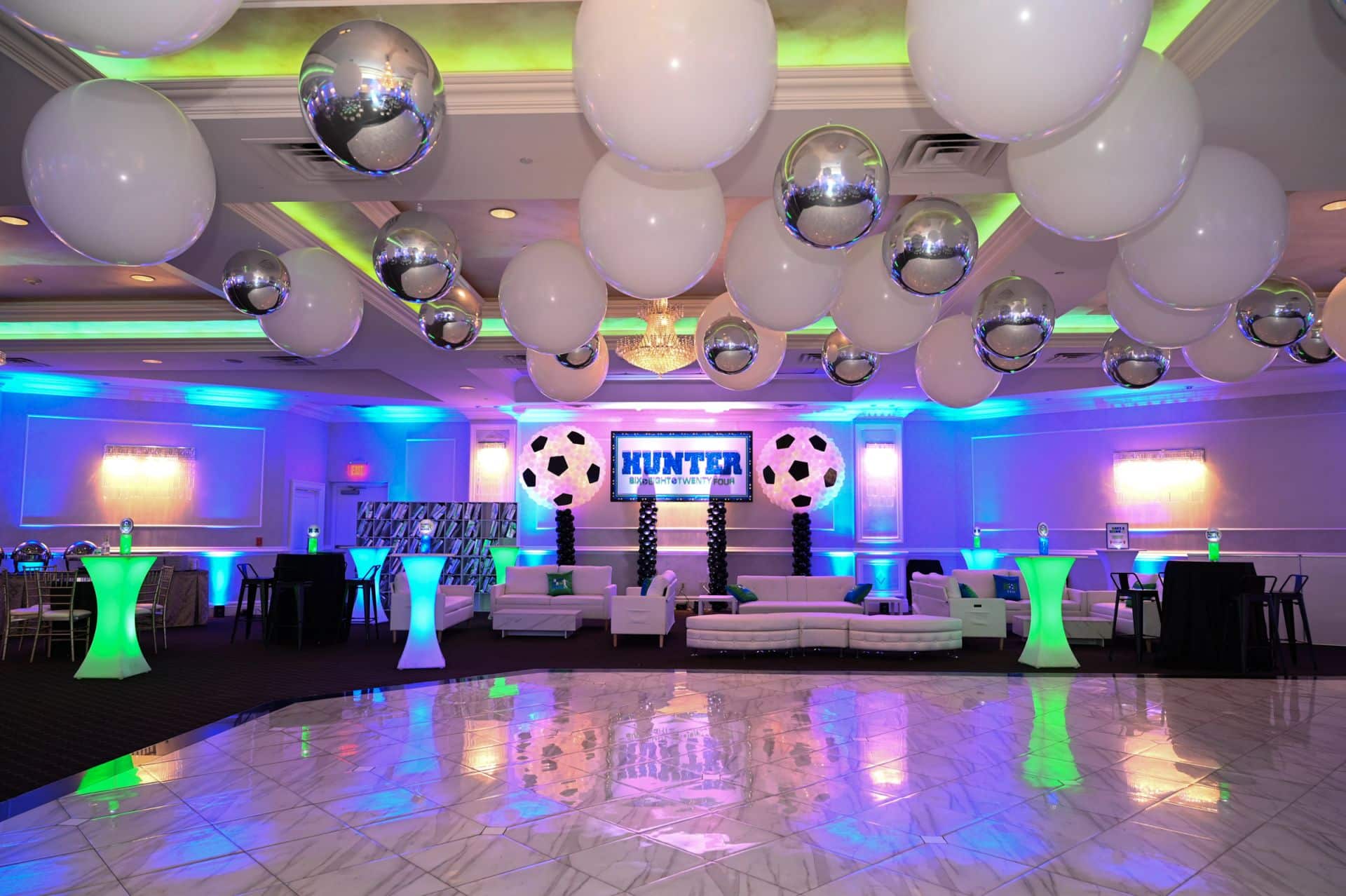 Soccer Themed Bar Mitzvah with Custom Logo Backdrop, Soccer Balloon Sculpture and Ceiling Install