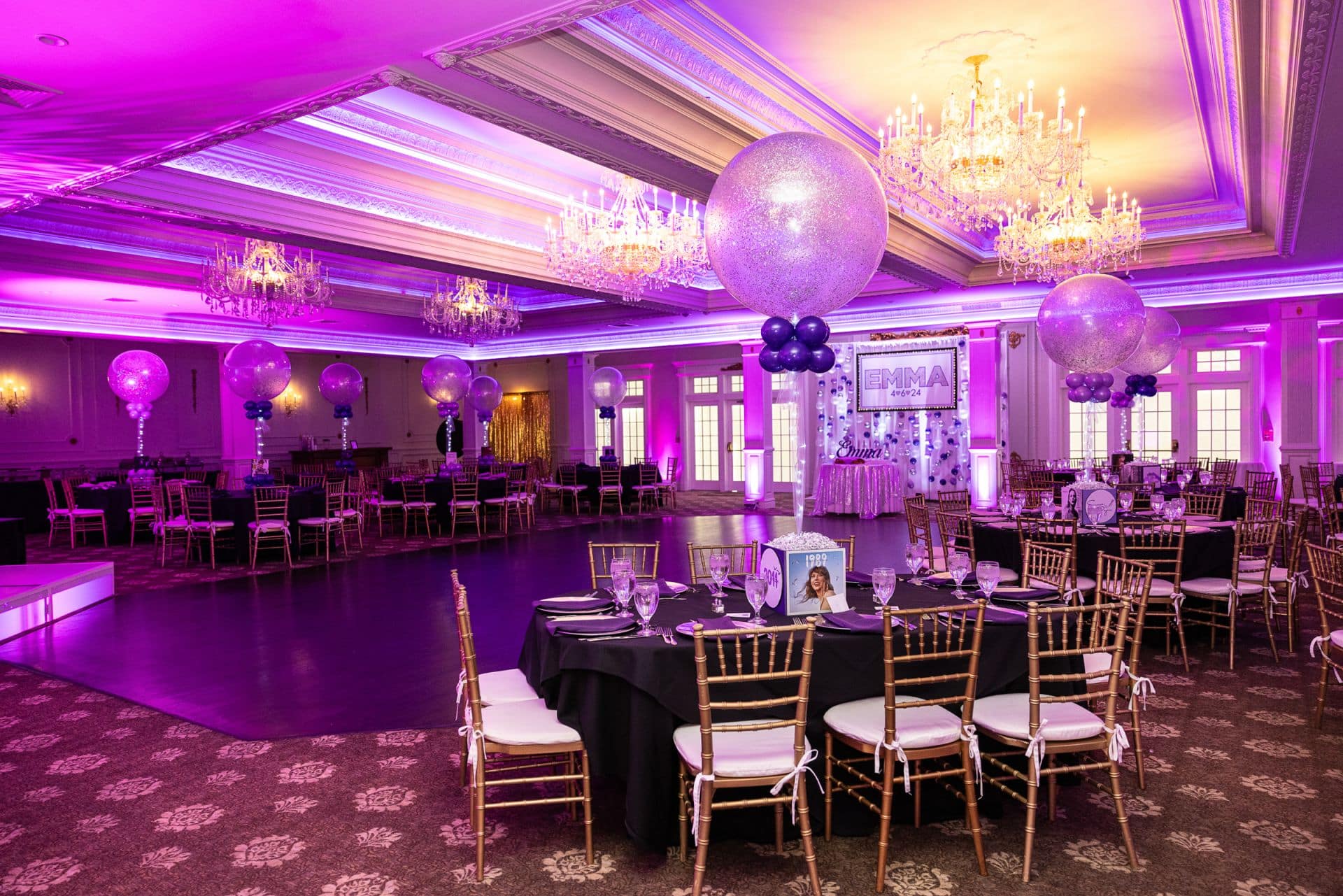 Taylor Swift Bat Mitzvah with Sparkle Balloon Centerpieces, LED Uplighting, Custom Name Backdrop and Bubble Wall
