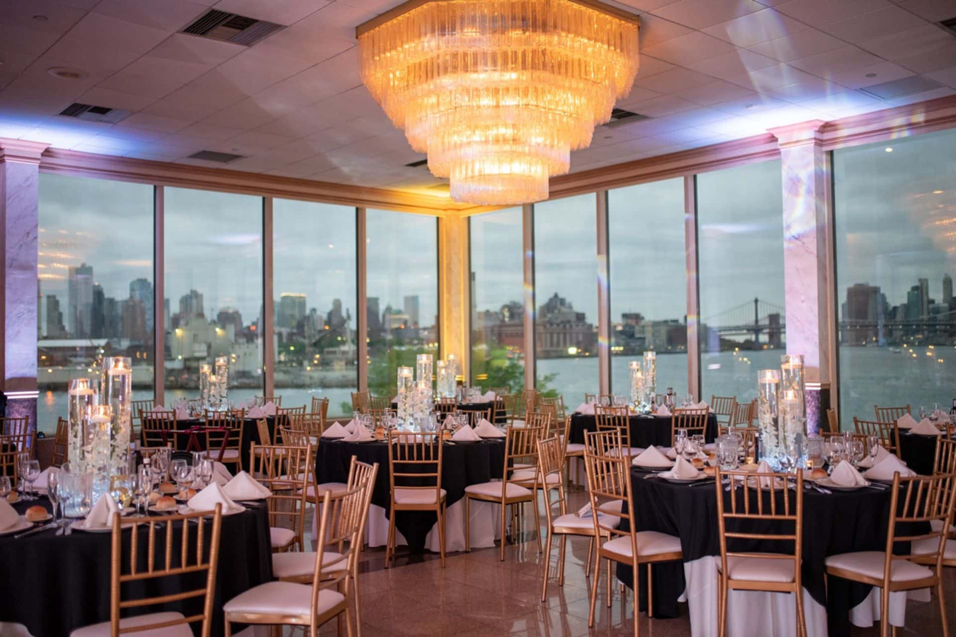 Beautiful Bat Mitzvah Setup with LED Orchid Centerpiece and Wonderful Uplighting at Giando on the Water, Brooklyn