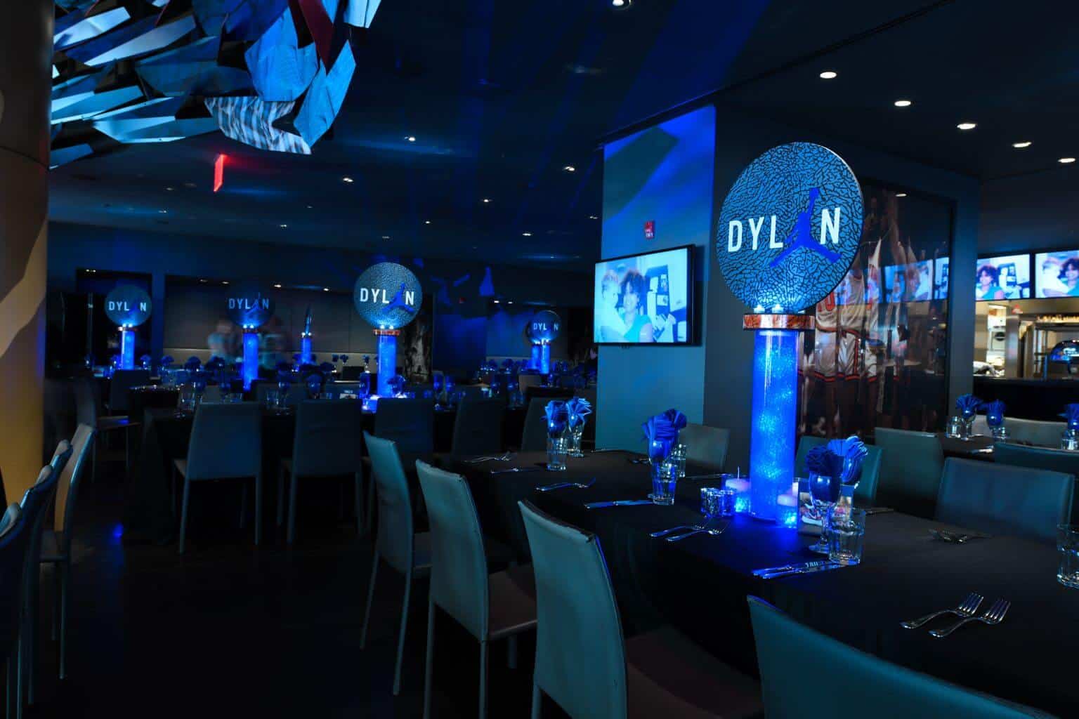 LED Jumpman Centerpieces with Basketball Ribbon for Sneaker Themed Bar Mitzvah at Clyde Frazier, NYC