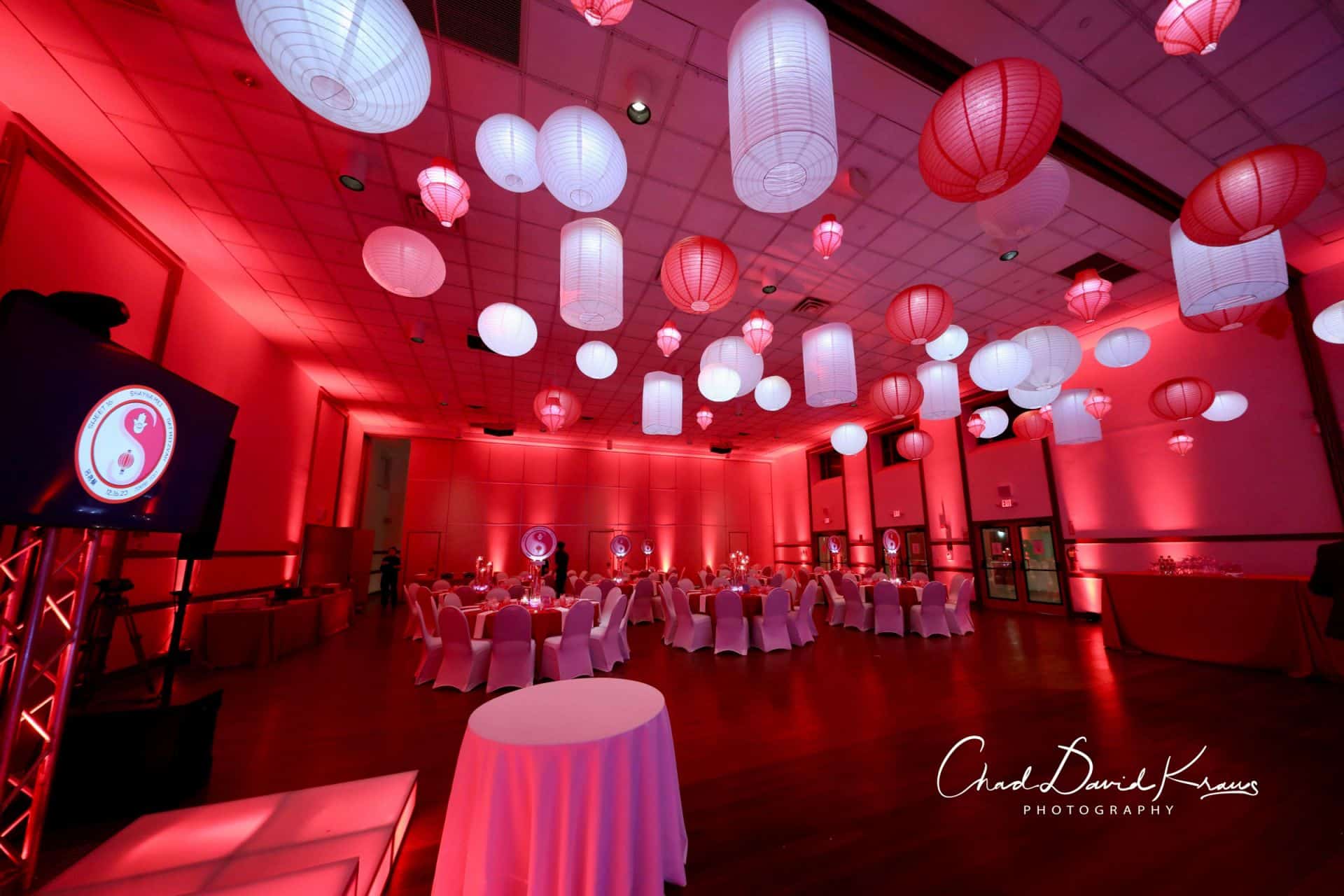 Asian Themed Bat Mitzvah with LED Lantern Ceiling, Red Uplighting and Custom Logo Centerpieces at Temple Israel Center, White Plains