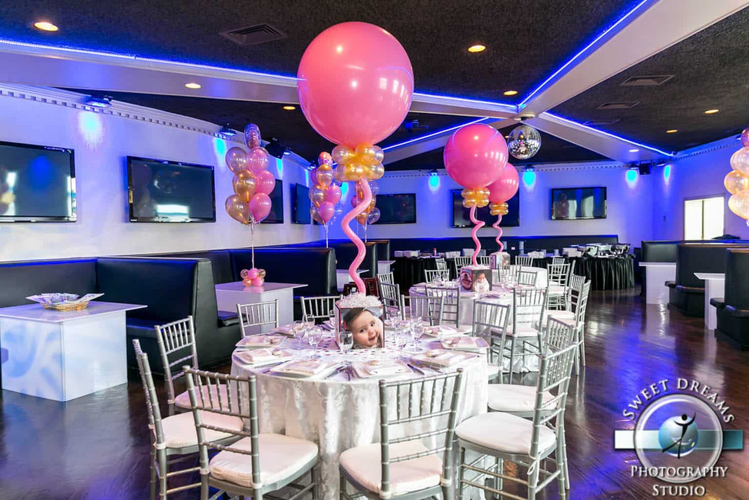 Baby Naming Party with Photo Cube Centerpieces and Pink and Gold Balloons