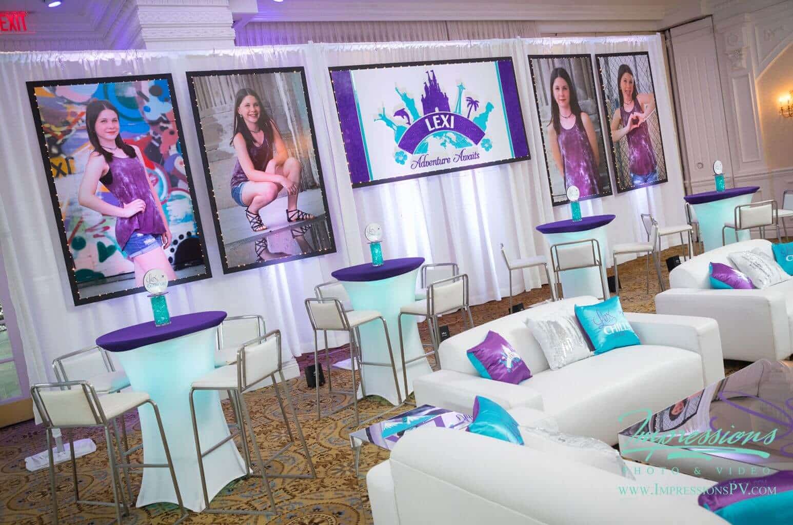 Travel Themed Bat Mitzvah Lounge with Custom Logo Backdrop, Blowup Photos, Logo Mirrored Table & Custom Pillows at Eagle Oaks CC