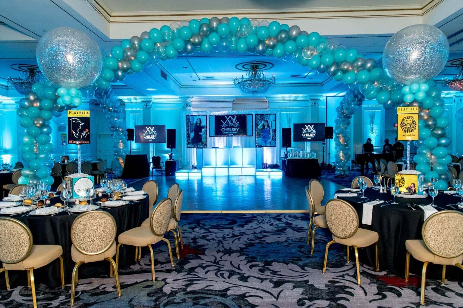Broadway Themed Bat Mitzvah with Custom Playbill Centerpieces, Balloon Wrap Around Dance Floor and LED Uplighting at the Hilton, Pearl River