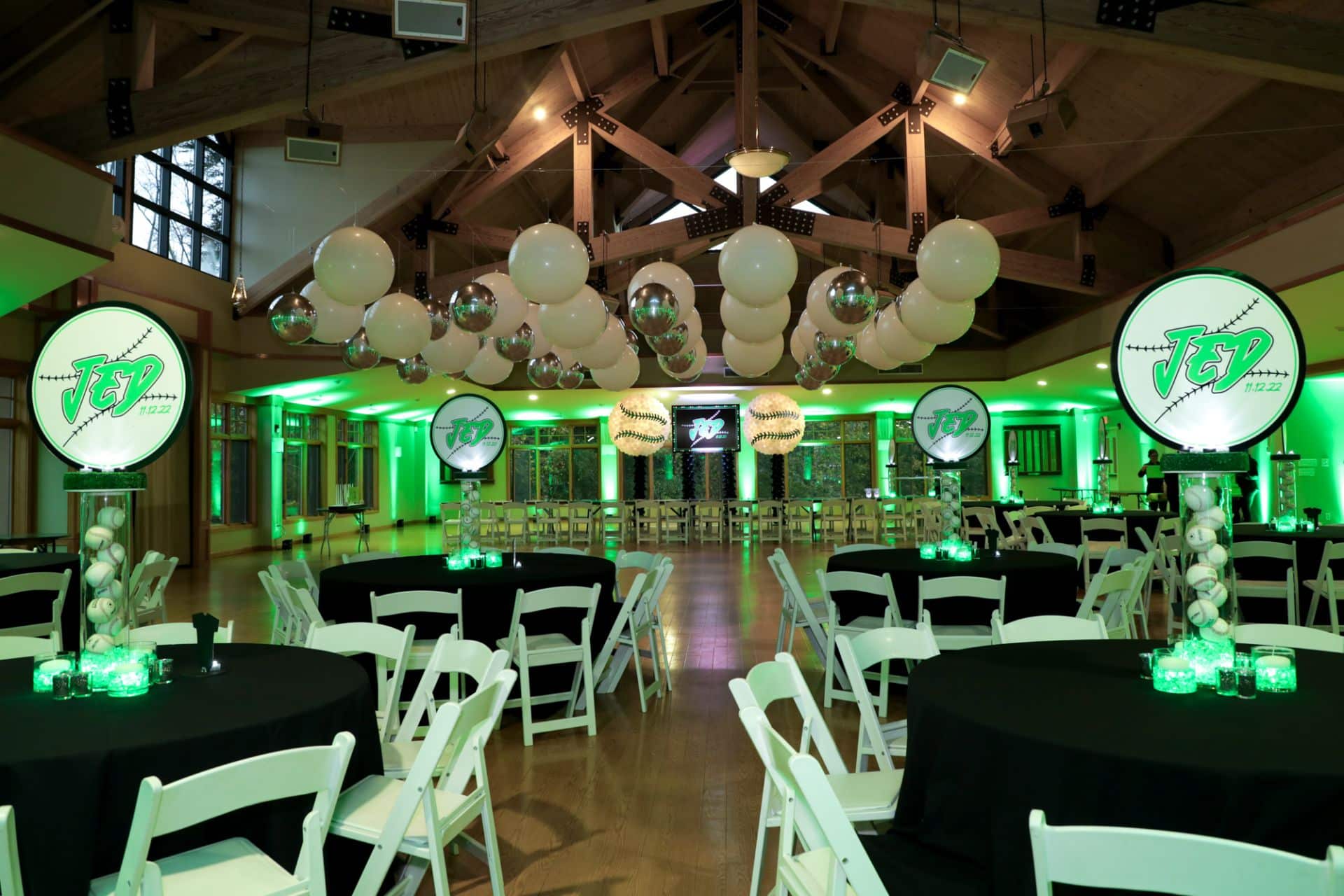 Baseball Themed Bar Mitzvah with Logo Centerpieces, Ceiling Balloon Treatment and LED Uplighting at Bet Am Shalom, White Plains