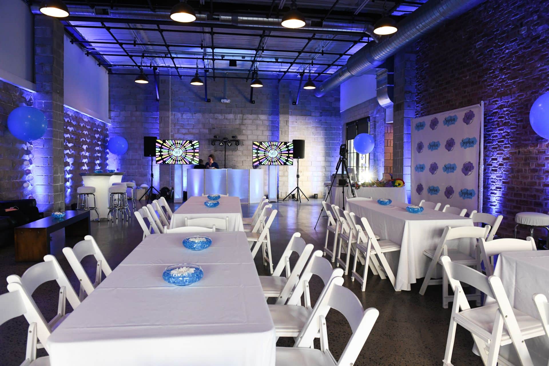 Club Themed Bat Mitzvah with Gerber Daisy Centerpieces, LED Uplighting, and a Step and Repeat at The Annex, Montclair