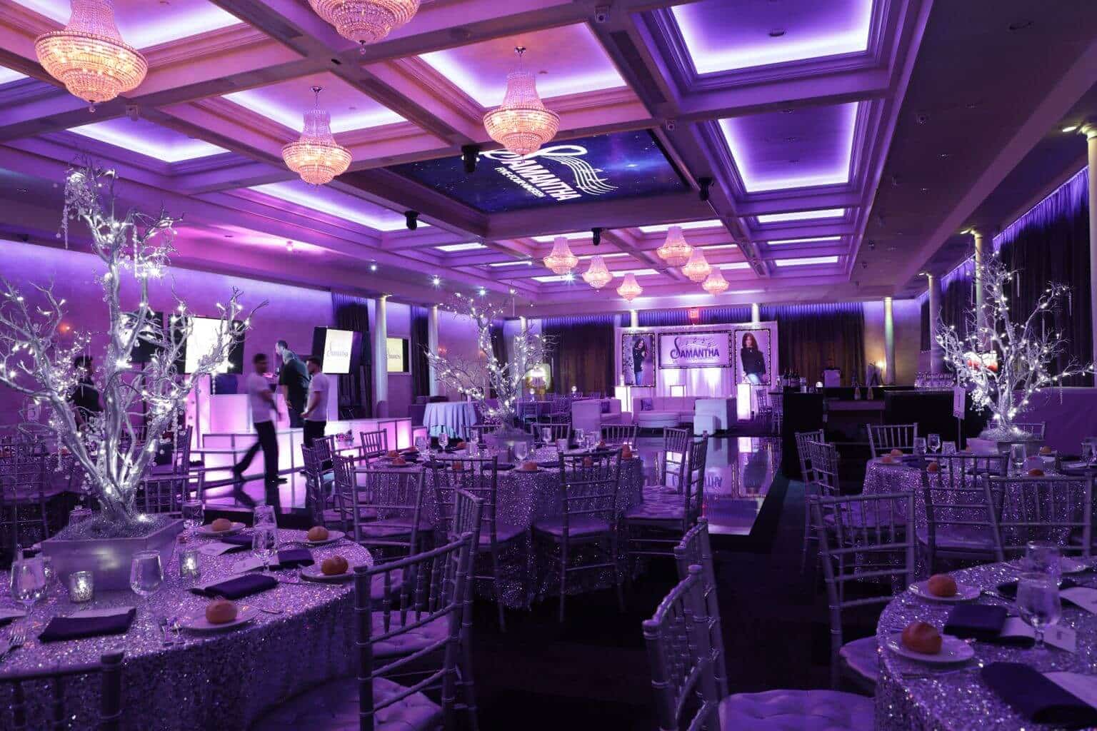 Music Wonderland Bat Mitzvah with LED Tree Centerpieces, Blingy Linen and Custom Backdrop at Mulinos at Lake Isle