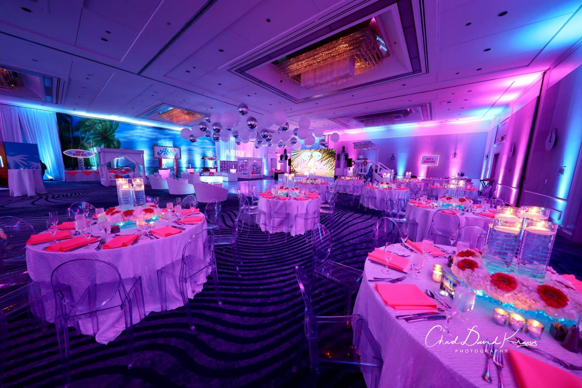 Beach Themed Bat Mitzvah with LED Floral Centerpieces, Custom Ceiling Treatment and Wall Mural at Greenwich Hyatt