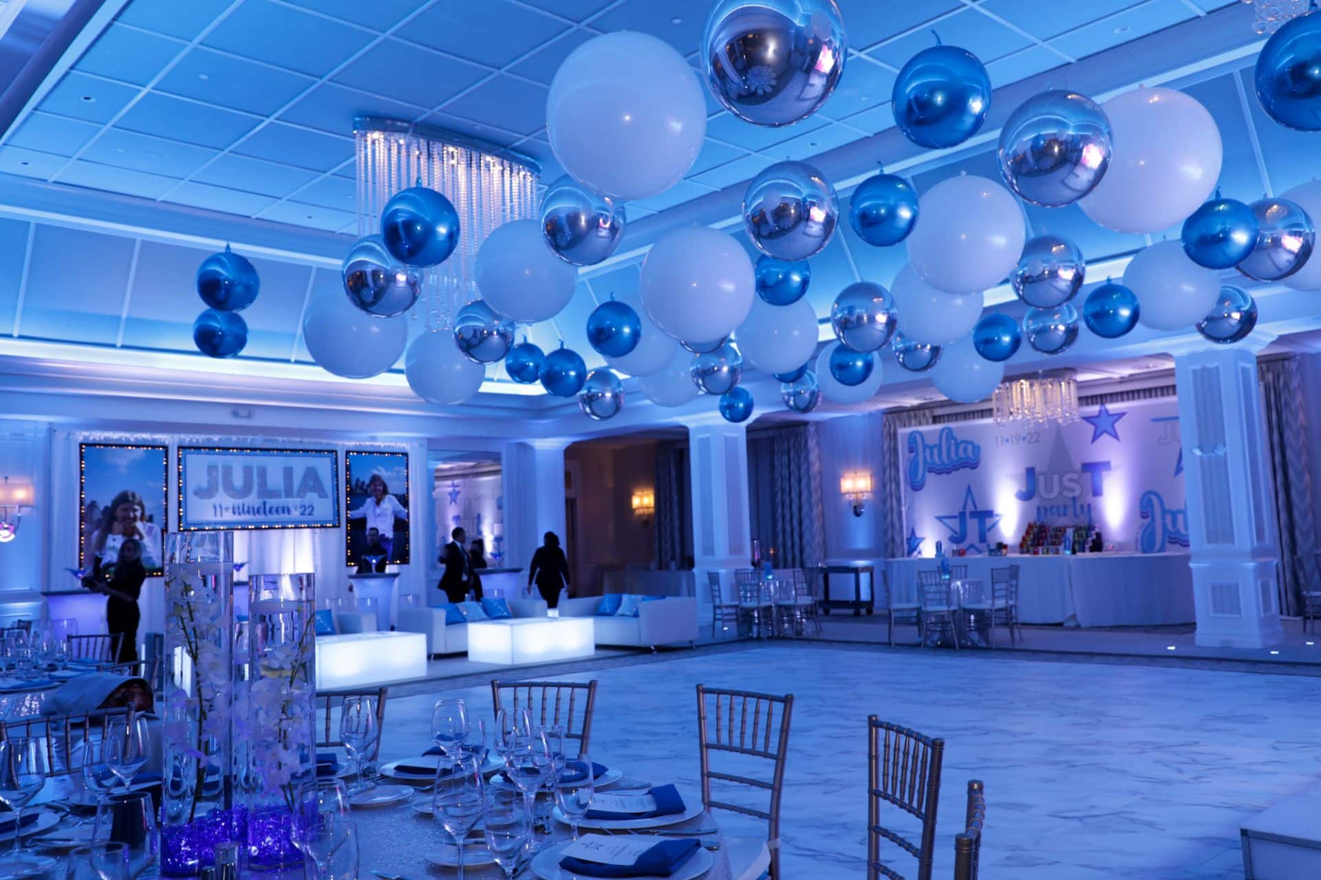 Club Themed Bat Mitzvah with Ceiling Balloons, Custom Logo Mural and LED Lounge Setup at Edgewood Country Club