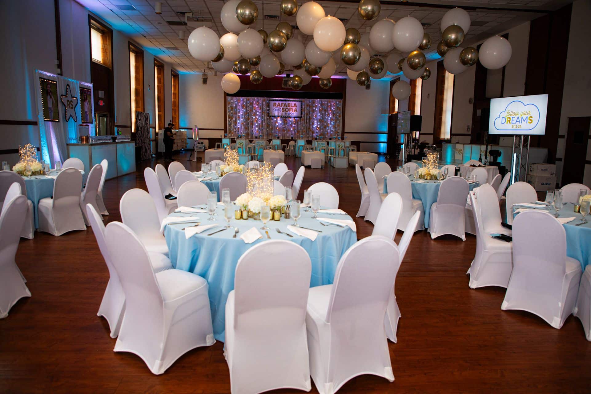 Cloud Theme Bat Mitzvah with Fairy Lights Centerpieces, White and Gold Orbs Ceiling, Bubble Wall and Backdrop at Temple Israel Center, White Plains