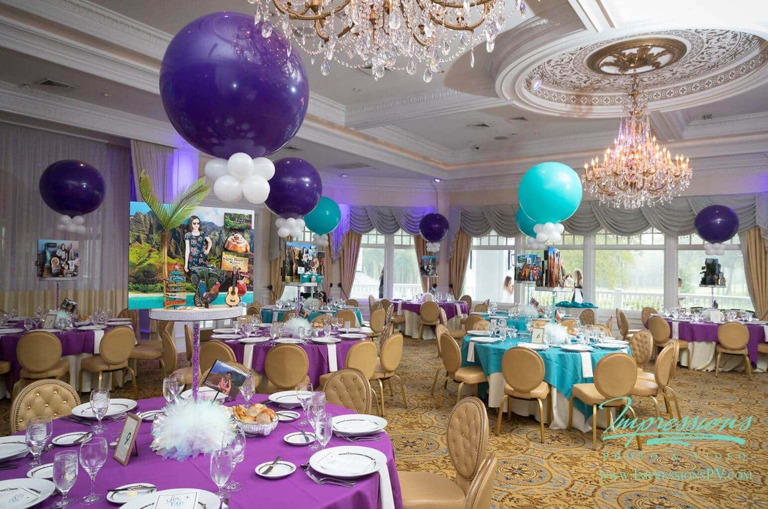 Travel Themed Bat Mitzvah with Diorama Centerpieces and Purple and Turquoise Balloons at Eagle Oaks Country Club