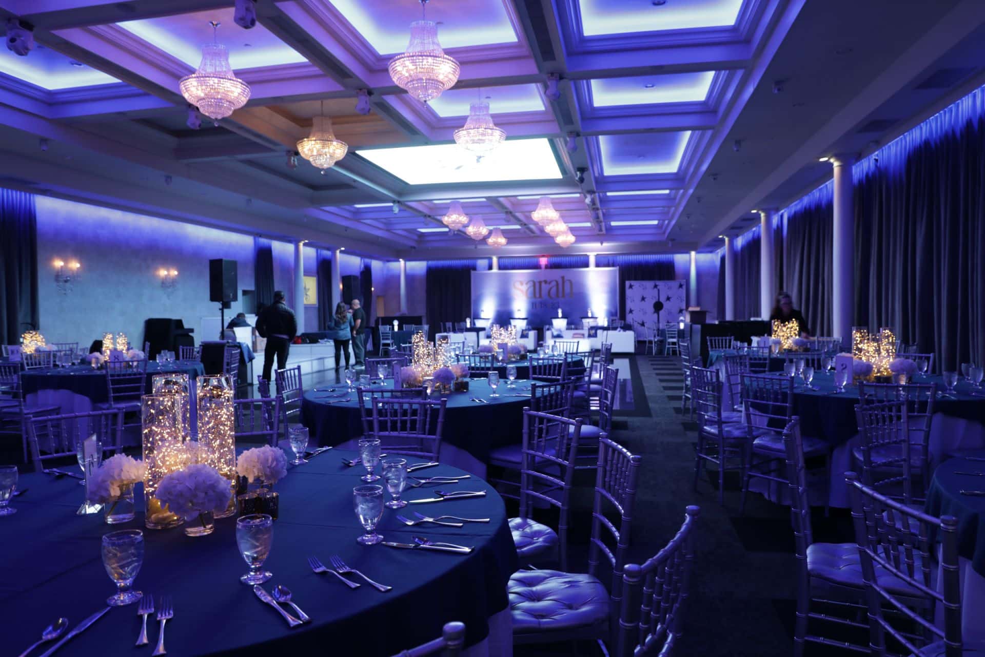 Blue and Gold Bat Mitzvah with LED Fairy Light Centerpieces with Hydrangeas, Custom LED Lounge and Watercolor Mural at Mulino's at Lake Isle