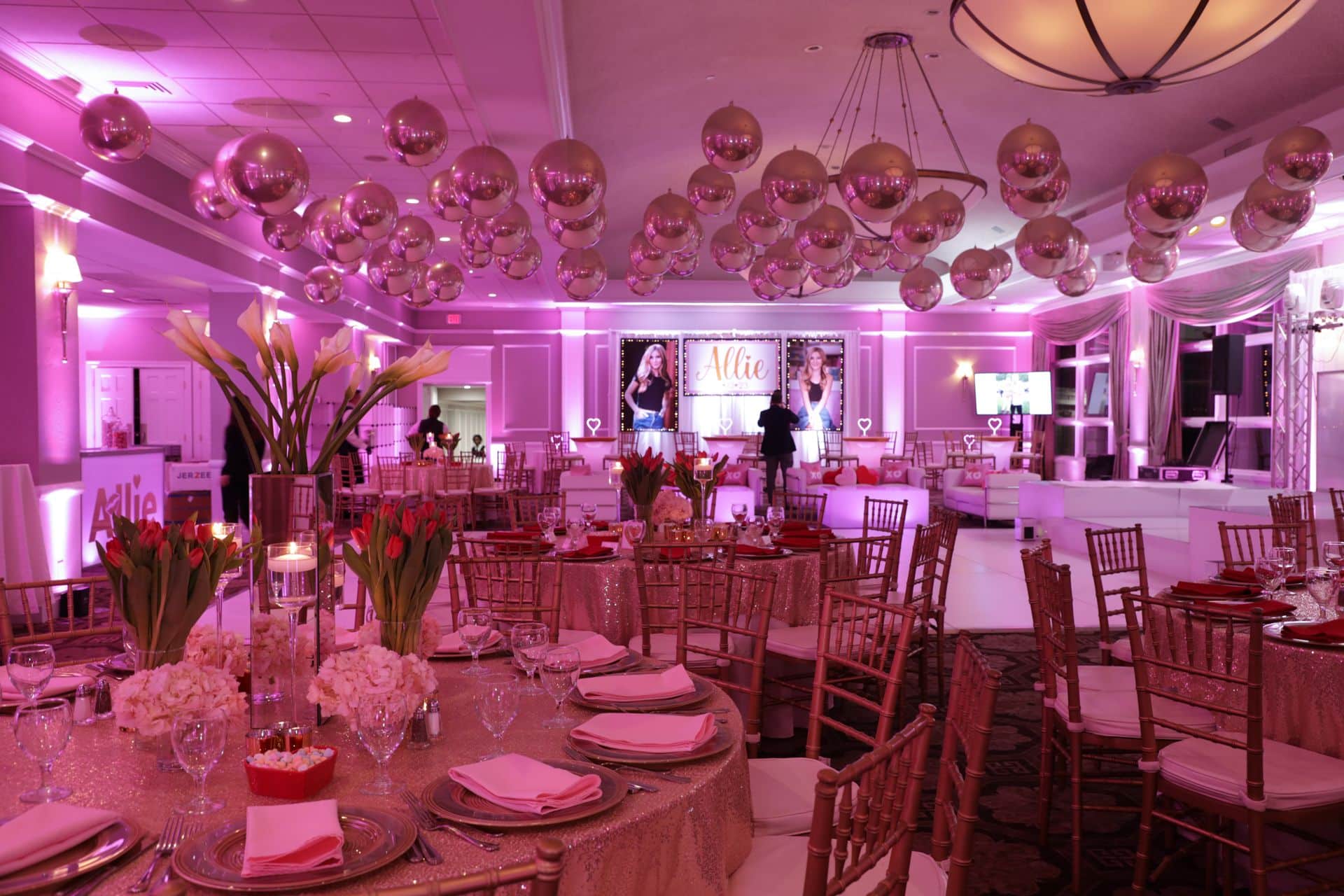 Pink and Gold Bat Mitzvah with Metallic Orbz Ceiling Treatment, LED Floral Centerpieces and Custom Backdrop at Cedar Hill Country Club