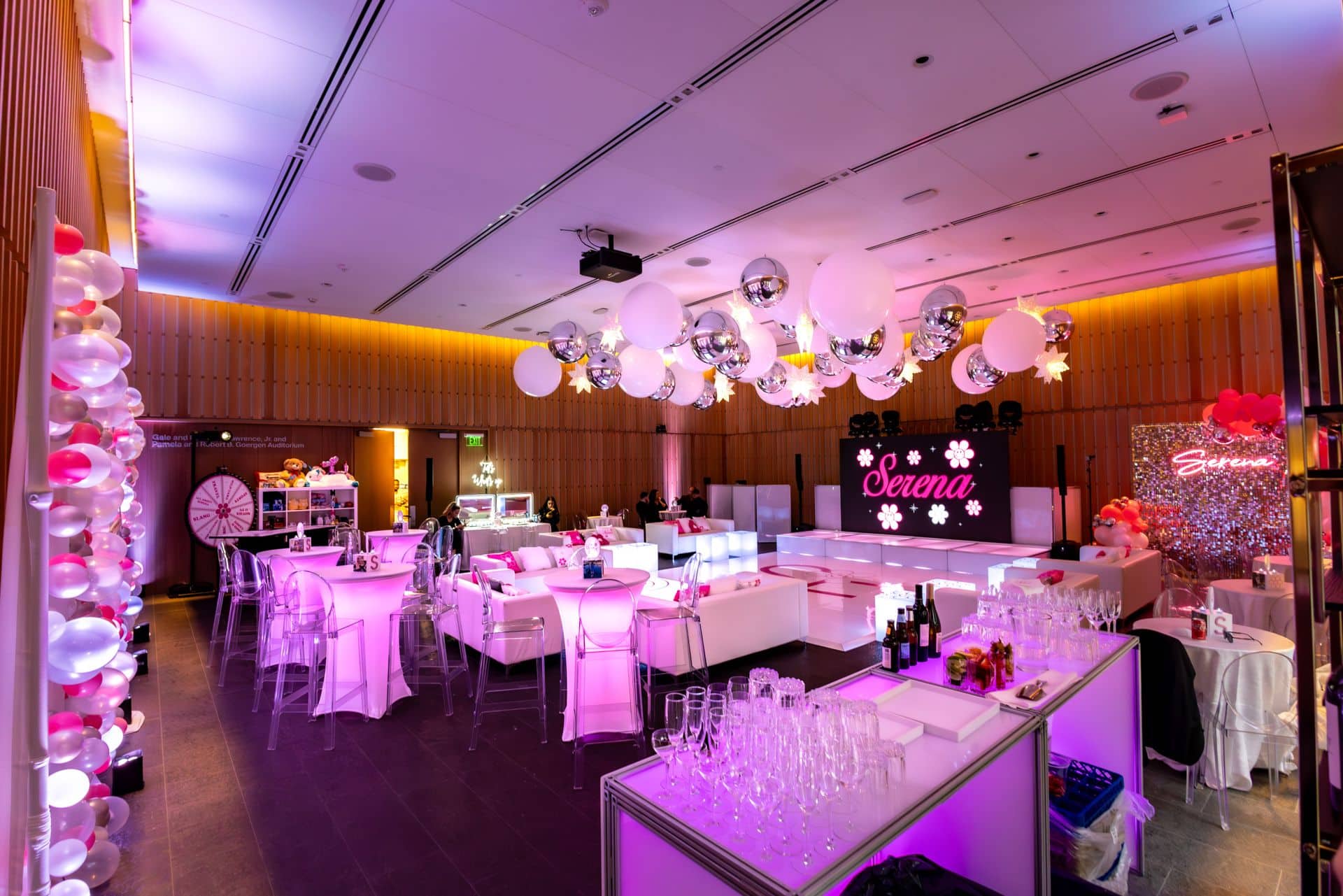 Flower Theme Bat Mitzvah with Metallic Orbs and White Balloons Ceiling, LED Lounge and Bubble Wall at The Bruce Museum, Greenwich