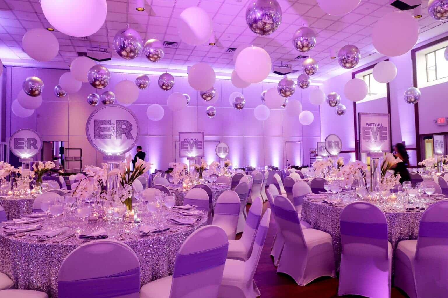 Lavender and Silver Club Themed Bat Mitzvah with LED Centerpieces, White and Silver Ceiling Balloons and LED Uplighting at Temple Israel Center, White Plains