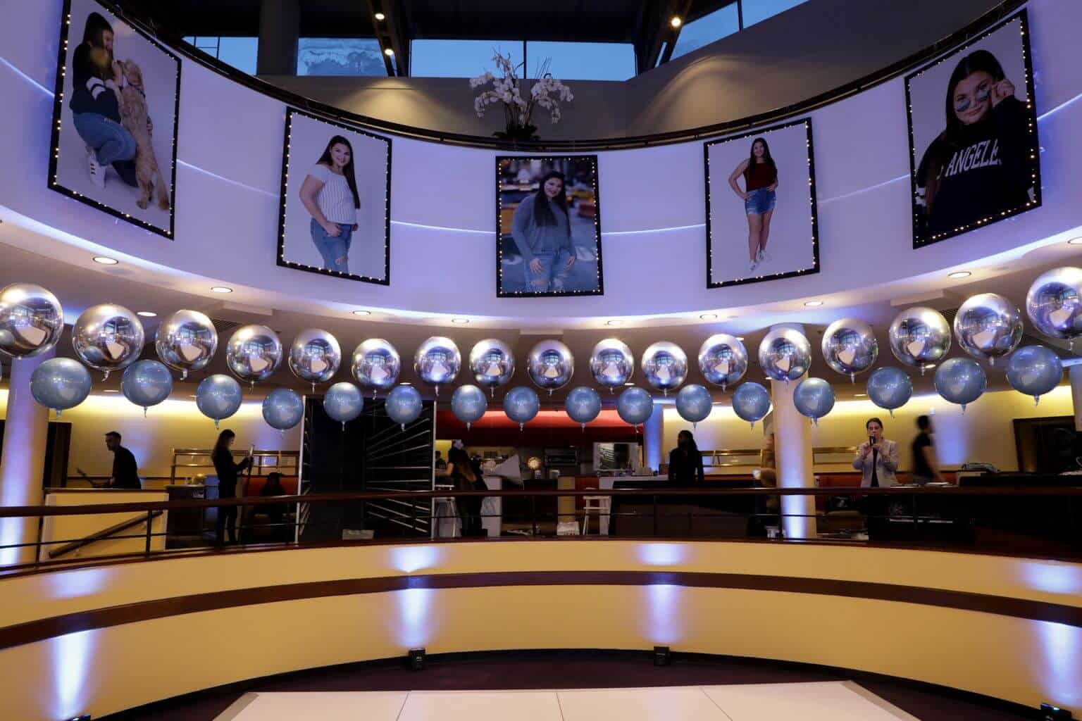 Bat Mitzvah Dance Floor Display with Blowup Photos and Metallic Orbs at Doral Arrowwood